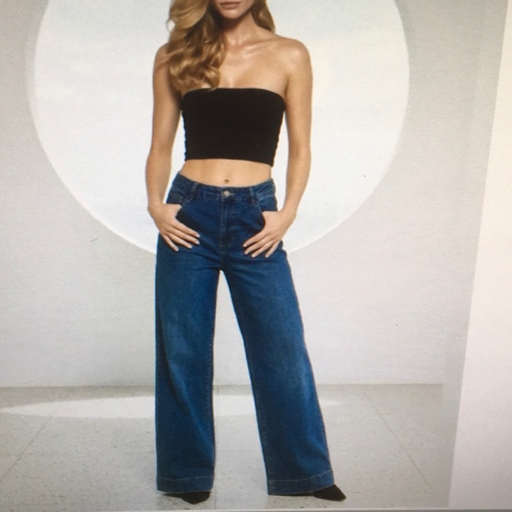 BCBGENERATION/BLUE-STRETCH HIGH RISE WIDE LEG TROUSERS